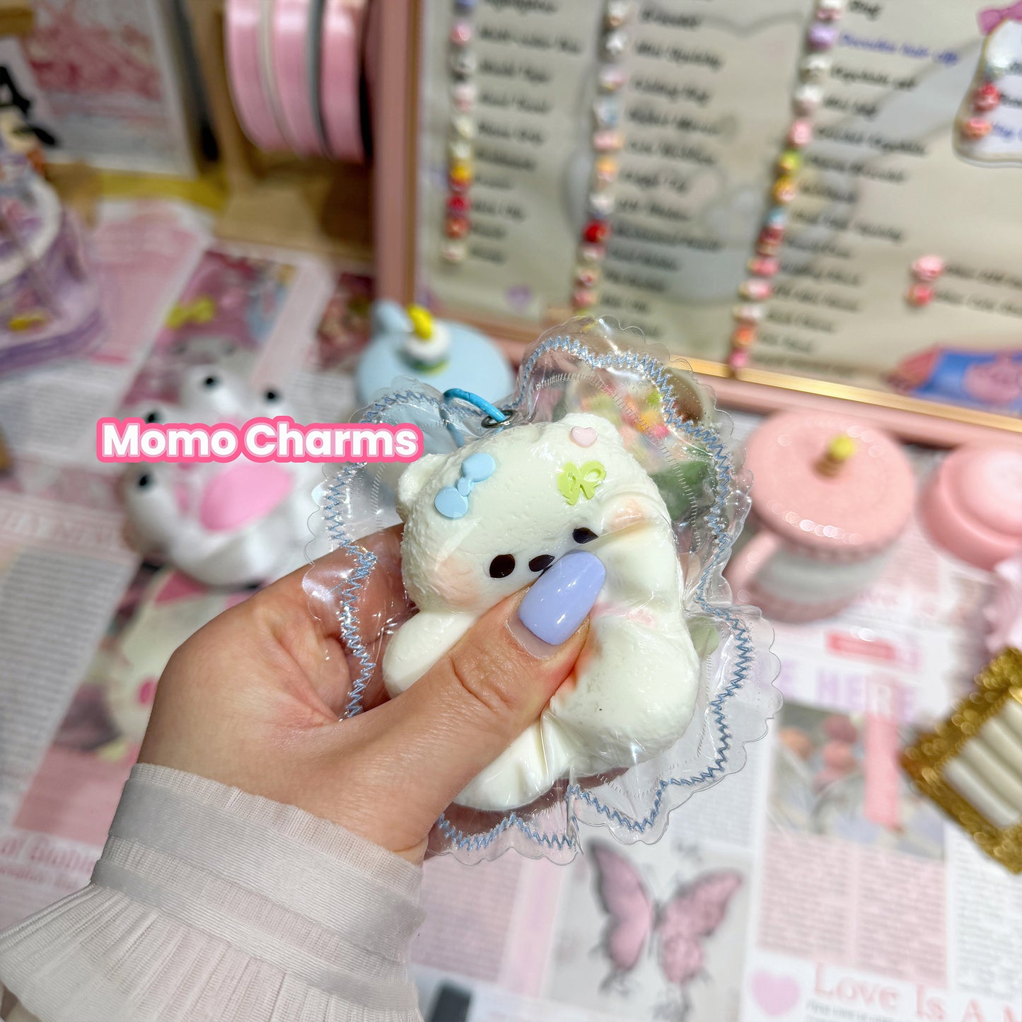 Pink Shirt Bear with Blue Bow Silicone Squishy Toy