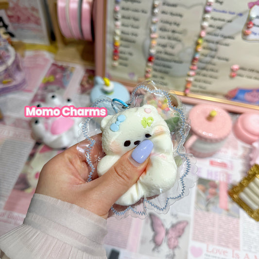 Pink Shirt Bear with Blue Bow Silicone Taba Squishy Toy