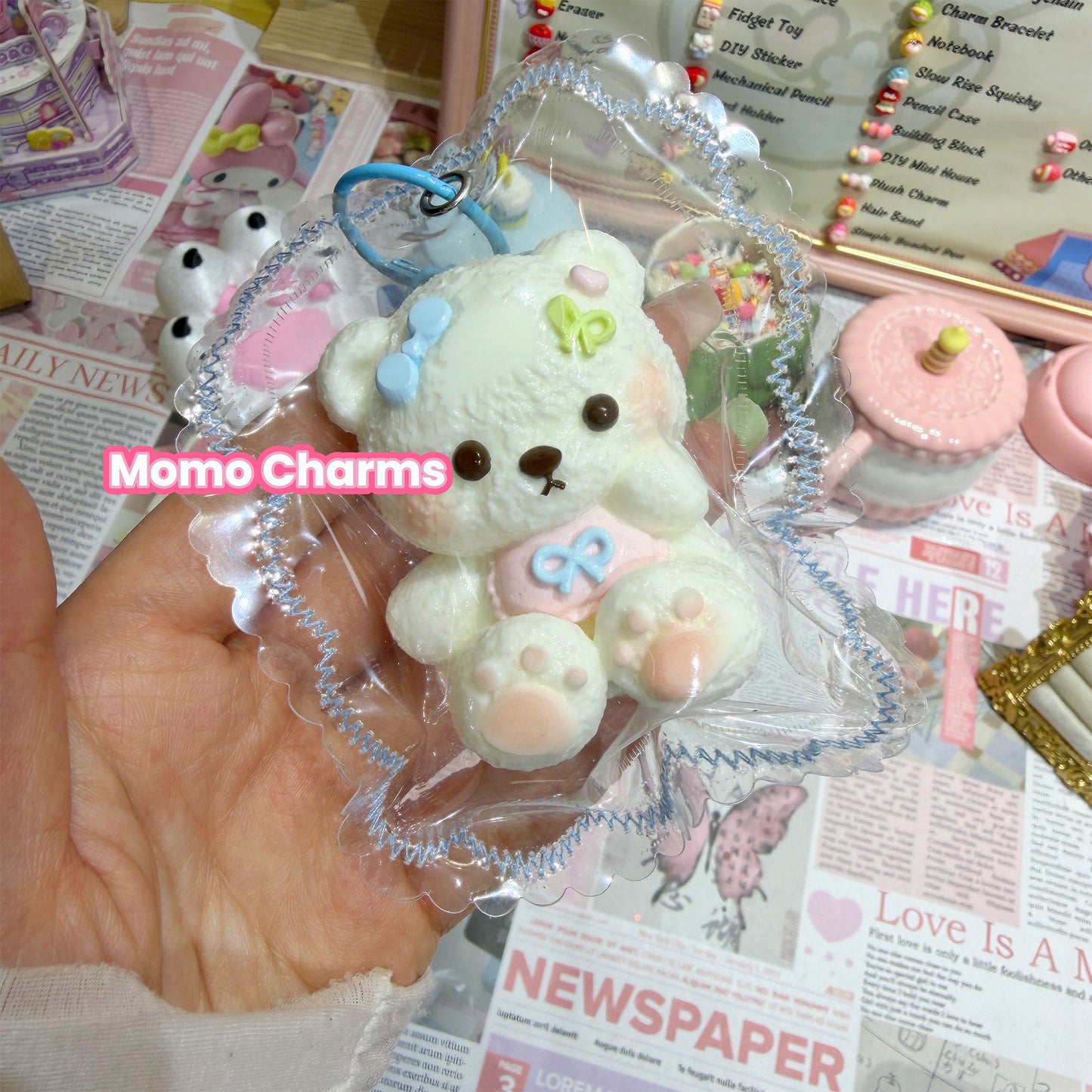 Pink Shirt Bear with Blue Bow Silicone Squishy Toy